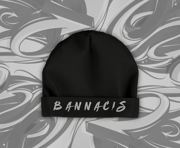 Bannacis black beanie hat front with gray text