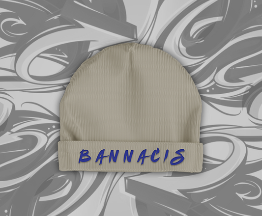 tan beanie hat, dark blue Bannacis text