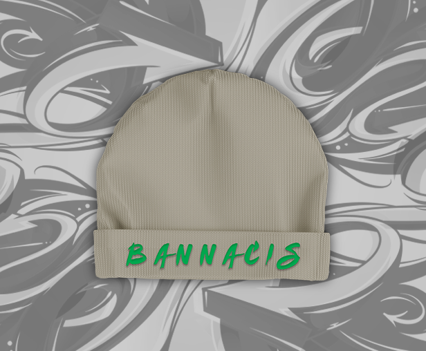 tan beanie hat, green Bannacis text