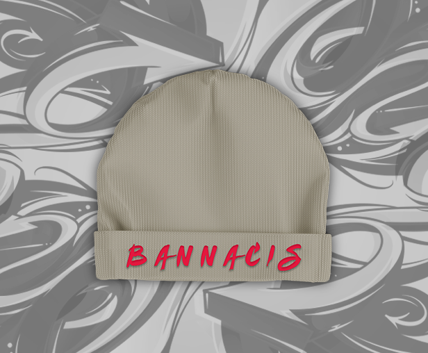 tan beanie hat, red Bannacis text